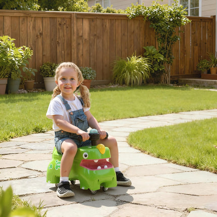 Kids Ride On Car, Dinosaur Foot to Floor Slider with Storage, Toddler Walker with Light, Sounds, Green