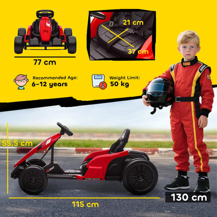 24V Electric Go Kart, Drift Kart with Adjustable Seat, Slow Start, 5-Point Harness, Music, Horn, for 6-12 Years, Red