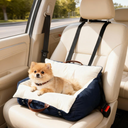 Dog Car Seat, Cosy Pet Car Booster Seat for Small Dog Under 5 KG, Portable Travel Bed with Safety Belts, Navy Blue