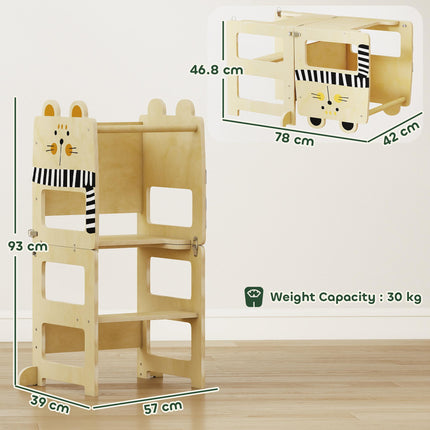 AIYAPLAY Toddler Step Stool, Standing Tower with Chalkboard, 3-in-1 Cat-Shaped Step Stool for Kitchen Counter, Natural