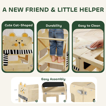 AIYAPLAY Toddler Step Stool, Standing Tower with Chalkboard, 3-in-1 Cat-Shaped Step Stool for Kitchen Counter, Natural
