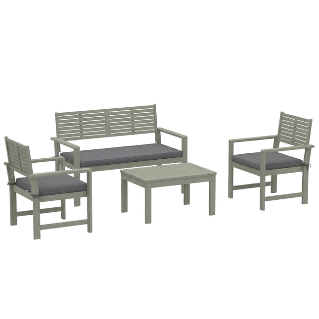 4 Seater Wooden Garden Furniture Set with Loveseat, Armchairs, Table, Acacia Wood Garden Sofa Set, Light Grey
