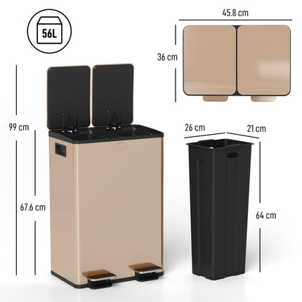 56L Dual Compartment Stainless Steel Bin, with Deodoriser Holders - Gold Tone