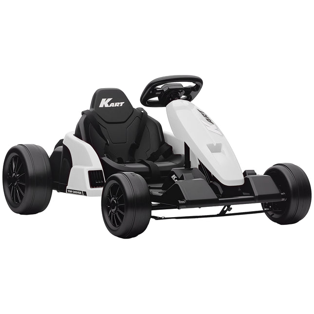 24V Electric Go Kart, Drift Kart with Adjustable Seat, Slow Start, 5-Point Harness, Music, Horn, for 6-12 Years, White