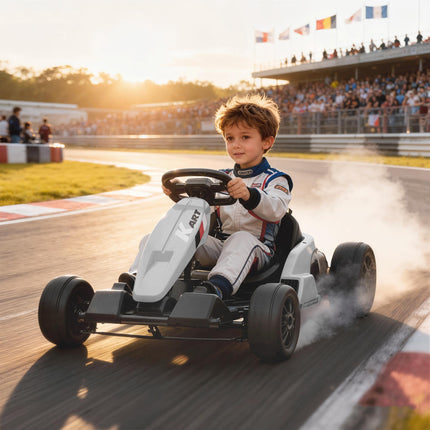 24V Electric Go Kart, Drift Kart with Adjustable Seat, Slow Start, 5-Point Harness, Music, Horn, for 6-12 Years, White