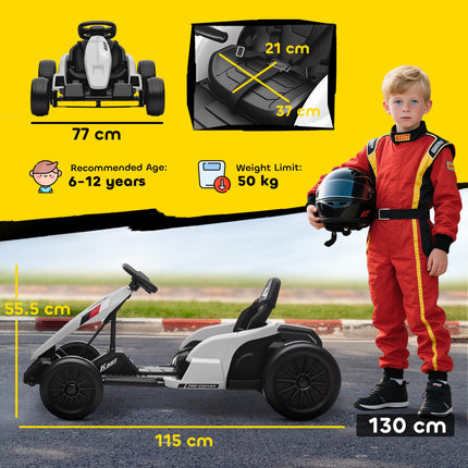 24V Electric Go Kart, Drift Kart with Adjustable Seat, Slow Start, 5-Point Harness, Music, Horn, for 6-12 Years, White