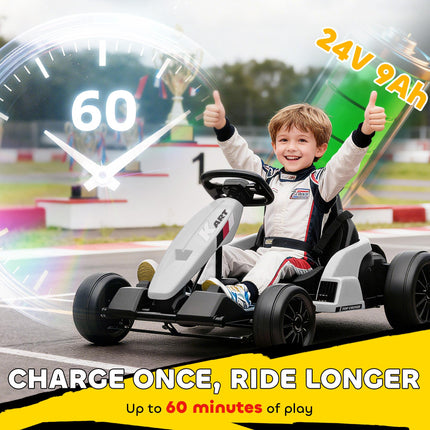 24V Electric Go Kart, Drift Kart with Adjustable Seat, Slow Start, 5-Point Harness, Music, Horn, for 6-12 Years, White