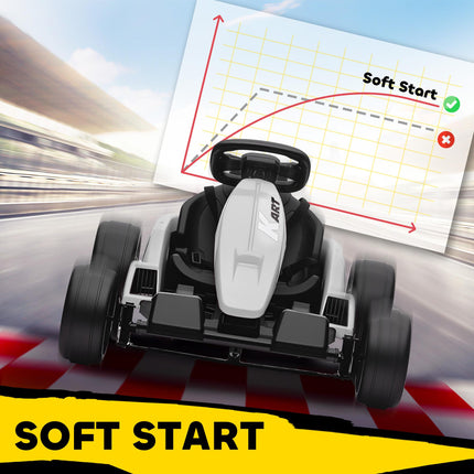 24V Electric Go Kart, Drift Kart with Adjustable Seat, Slow Start, 5-Point Harness, Music, Horn, for 6-12 Years, White