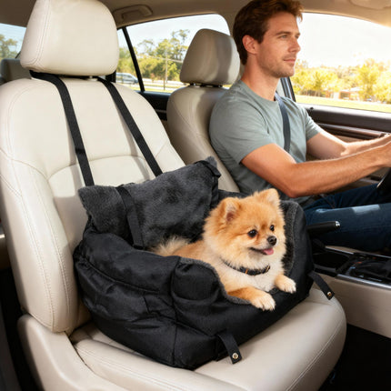 Dog Car Seat for Small Dogs with Fixed Buckle, Safety Leash, Washable Cover, 58 x 45 x 28 cm, Black