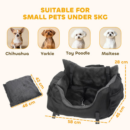 Dog Car Seat for Small Dogs with Fixed Buckle, Safety Leash, Washable Cover, 58 x 45 x 28 cm, Black