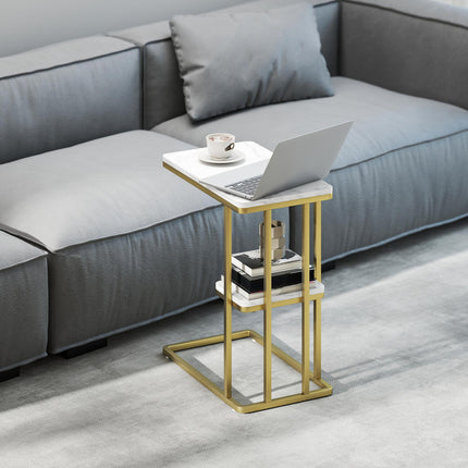 C-Shaped Narrow Side Table, 2-Tier Slim End Table, Nightstand for Small Spaces, Living Room, Bedroom, White Marble Grain
