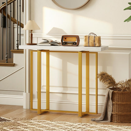 Console Table with Faux Marble Top, 100 cm Narrow Entryway Table with Anti-tipping Device, Steel Frame, White
