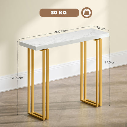 100 cm Console Table with Faux Marble Top, Narrow Entryway Table with Anti-tipping Device, White