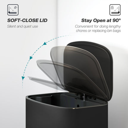 50L Kitchen Bin with Soft-Close Lid and Stay-Open Function, Stainless Steel Pedal Bin with Removable Inner Bucket, Carry Handle for Kitchen, Office, Home, Black