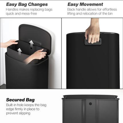 50L Kitchen Bin with Soft-Close Lid and Stay-Open Function, Stainless Steel Pedal Bin with Removable Inner Bucket, Carry Handle for Kitchen, Office, Home, Black