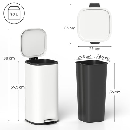 30L Kitchen Bin, Compact Pedal Bin with Soft-Close and Stay-Open Lid, Removable Bucket for Kitchen, Home, Office, Cream