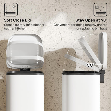 30L Kitchen Bin, Compact Pedal Bin with Soft-Close and Stay-Open Lid, Removable Bucket for Kitchen, Home, Office, Cream