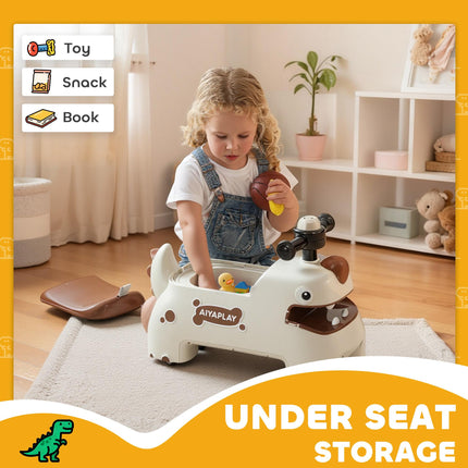 Kids Ride On Car, Dinosaur Foot to Floor Slider with Storage, Toddler Walker with Light, Sounds, Cream