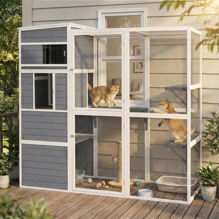 4-Tier Wooden Catio Cat Outdoor Enclosure with Sun Roof, Resting Rooms, 3 Platfo