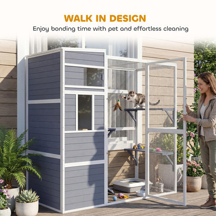4-Tier Wooden Catio Cat Outdoor Enclosure with Sun Roof, Resting Rooms, 3 Platfo