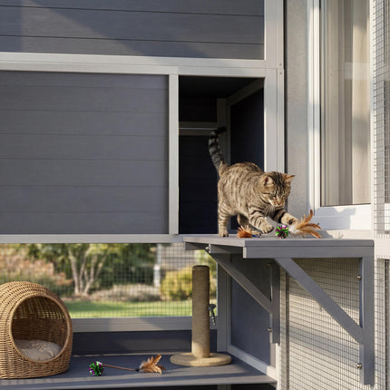 4-Tier Wooden Catio Cat Outdoor Enclosure with Sun Roof, Resting Rooms, 3 Platfo