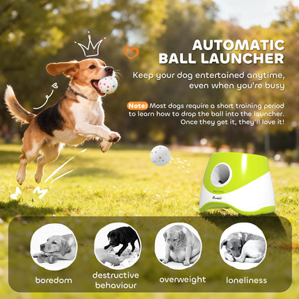 Automatic Dog Ball Launcher with 5 ETPU Tennis Balls 2.3", 3 Distance Settings 20/33/46ft, Green