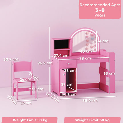 Kids Vanity Table and Chair Set, Girls Dressing Table with 2-Colour LED Mirror, Stool, Cabinet, Drawer, Shelves, Pink