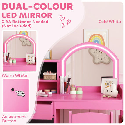 Kids Vanity Table and Chair Set, Girls Dressing Table with 2-Colour LED Mirror, Stool, Cabinet, Drawer, Shelves, Pink