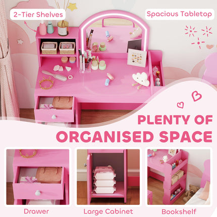 Kids Vanity Table and Chair Set, Girls Dressing Table with 2-Colour LED Mirror, Stool, Cabinet, Drawer, Shelves, Pink