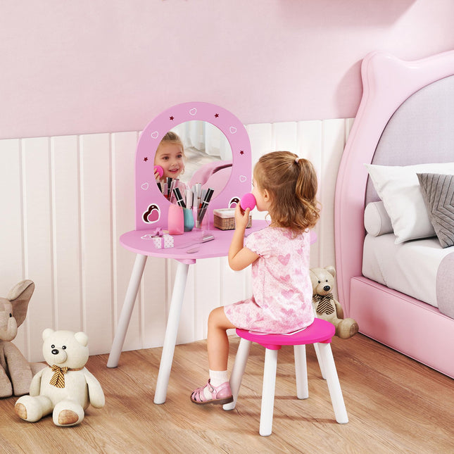 AIYAPLAY Kids Dressing Table with Mirror and Stool, Girls Vanity Set for Kids Room, Bedroom, Nursery, for Ages 3–6 Years, Pink