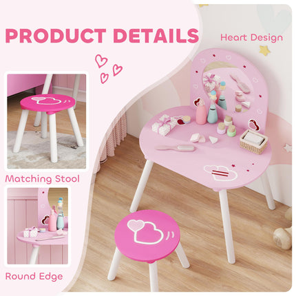 AIYAPLAY Kids Dressing Table with Mirror and Stool, Girls Vanity Set for Kids Room, Bedroom, Nursery, for Ages 3–6 Years, Pink