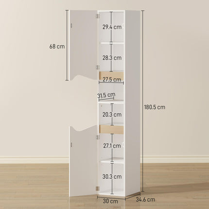 Tall Slim Bathroom Cabinet with 2 Doors, 2 Shelves - White