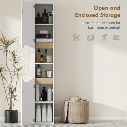 Tall Slim Bathroom Cabinet with 2 Doors, 2 Shelves - White