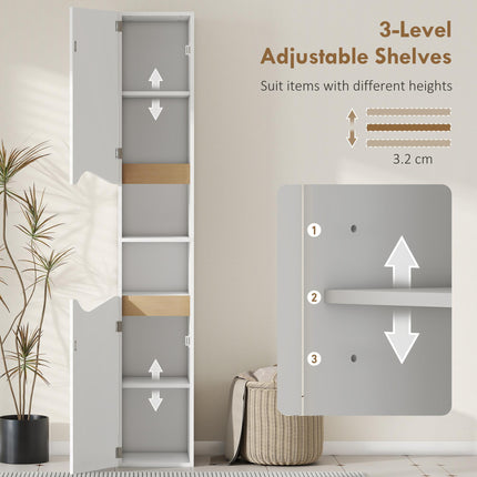 Tall Slim Bathroom Cabinet with 2 Doors, 2 Shelves - White