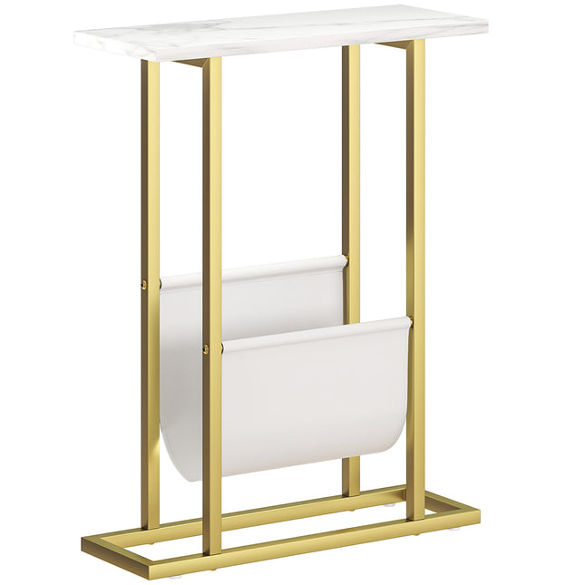 Narrow Side Table, End Table with Magazine Holder, Nightstand for Small Spaces, Living Room, Bedroom, White Marble Grain
