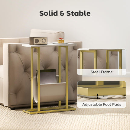 Narrow Side Table, End Table with Magazine Holder, Nightstand for Small Spaces, Living Room, Bedroom, White Marble Grain