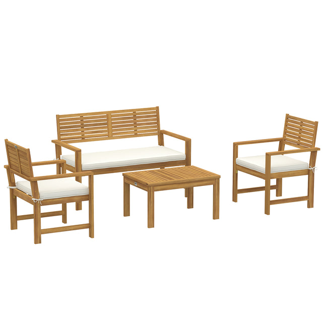 4 Seater Wooden Garden Furniture Set with Loveseat, Armchairs, Table, Acacia Wood Garden Sofa Set, Cream White