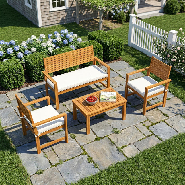 4 Seater Wooden Garden Furniture Set with Loveseat, Armchairs, Table, Acacia Wood Garden Sofa Set, Cream White