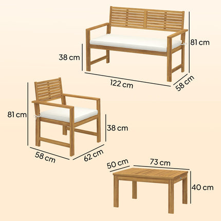 4 Seater Wooden Garden Furniture Set with Loveseat, Armchairs, Table, Acacia Wood Garden Sofa Set, Cream White