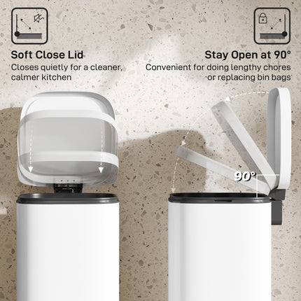HOMCOM 30L Kitchen Bin, Compact Pedal Bin with Soft-Close and Stay-Open Lid, Removable Bucket for Kitchen, Home, Office, White
