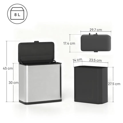 8L Hanging Kitchen Bin, Rubbish bin with Lid and Removable Inner Bucket for Under Cabinet Door, Under Sink, Office