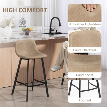 Bar Stools Set of 2, PU Leather Dining Stools with Backrest, Footrest, for Kitchen, Counter, Breakfast Bar, Light Brown