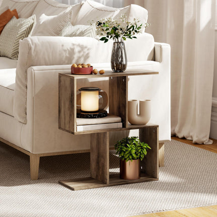 Side Table, Narrow End Table with Storage Shelves, S-Shaped, 3-Tier, 50W x 19.5D x 58H cm, Oak