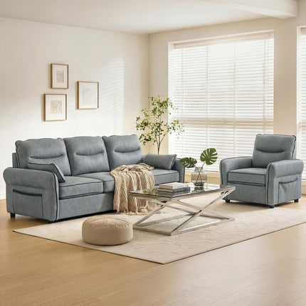 3 Seater Sofa, Faux Leather Couch - Grey