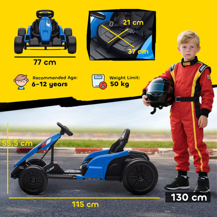 24V Electric Go Kart, Drift Kart with Adjustable Seat, Slow Start, 5-Point Harness, Music, Horn, for 6-12 Years, Blue