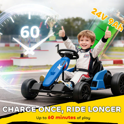 24V Electric Go Kart, Drift Kart with Adjustable Seat, Slow Start, 5-Point Harness, Music, Horn, for 6-12 Years, Blue