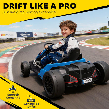 24V Electric Go Kart, Drift Kart with Adjustable Seat, Slow Start, 5-Point Harness, Music, Horn, for 6-12 Years, Blue