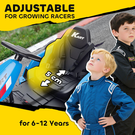 24V Electric Go Kart, Drift Kart with Adjustable Seat, Slow Start, 5-Point Harness, Music, Horn, for 6-12 Years, Blue