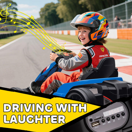 24V Electric Go Kart, Drift Kart with Adjustable Seat, Slow Start, 5-Point Harness, Music, Horn, for 6-12 Years, Blue