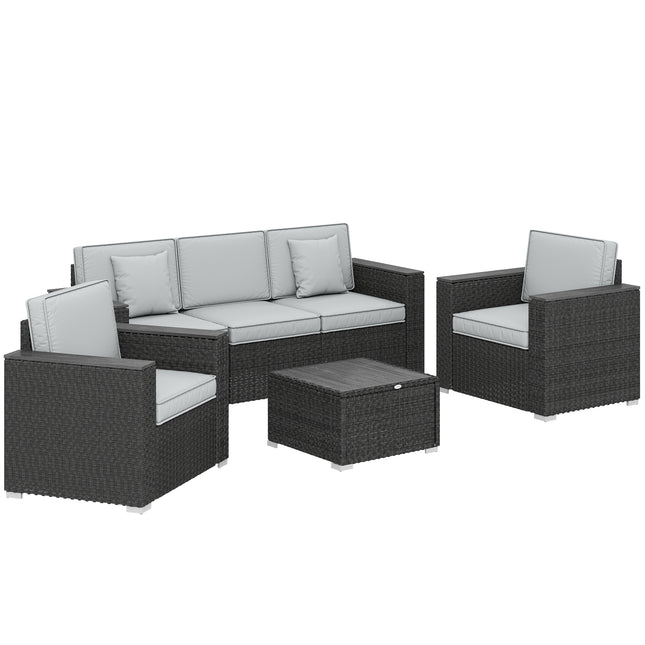 5 Seater Rattan Garden Furniture Set with Wide Armrests, Cushions, Pillows for Patio, Dark Grey
